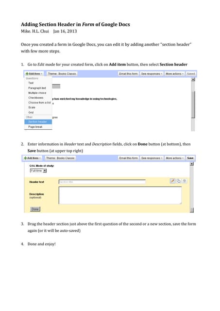 Adding section header in Form of Google Docs
