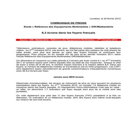 Référence des Equipements Multimédias - GfK/Médiamétrie - 4 ème trimestre 2012