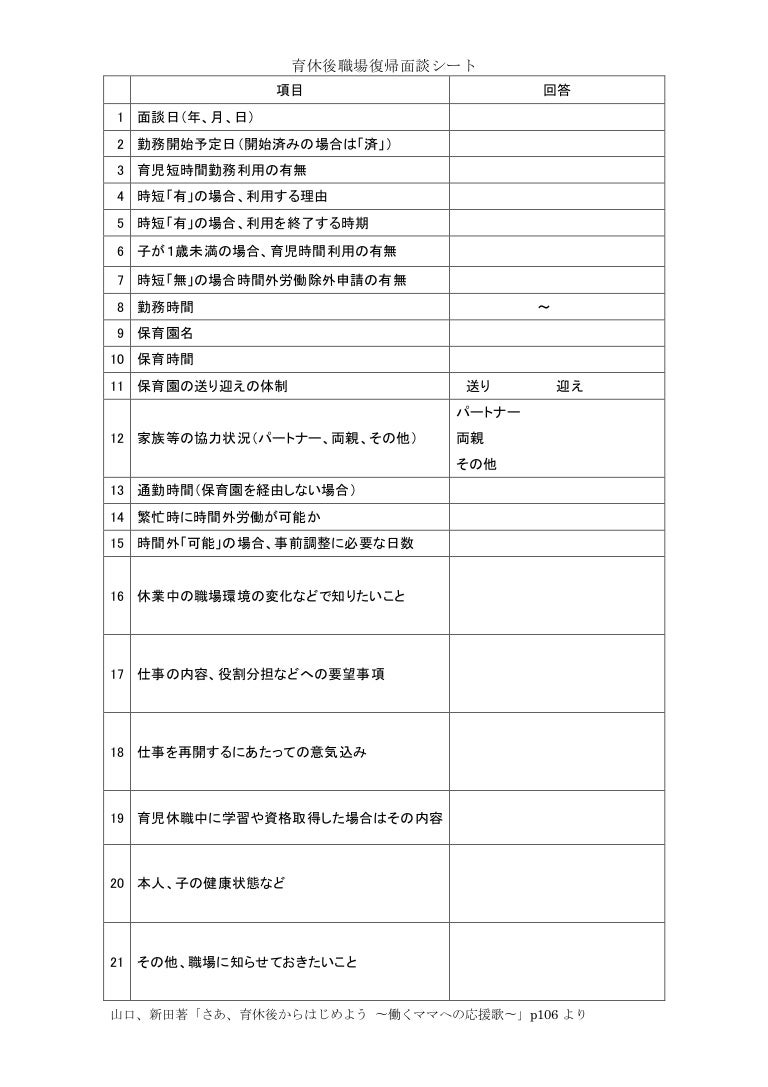 育休後職場復帰面談シート