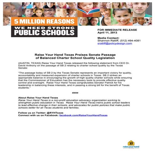 Raise Your Hand Texas Praises Senate Passage Of Balanced Charter School Quality Legislation