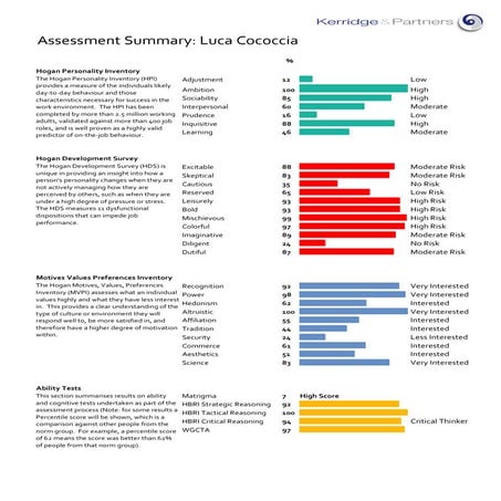 2013 04 15 hogans assessment results luca cococcia 1 page summary