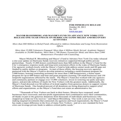 New York City, NY | October 28, 2013 | ONE-YEAR UPDATE ON HURRICANE SANDY REL...