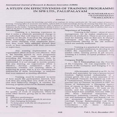 A Study on Effectiveness of Training Programme in SPB Ltd., Pallipalayam