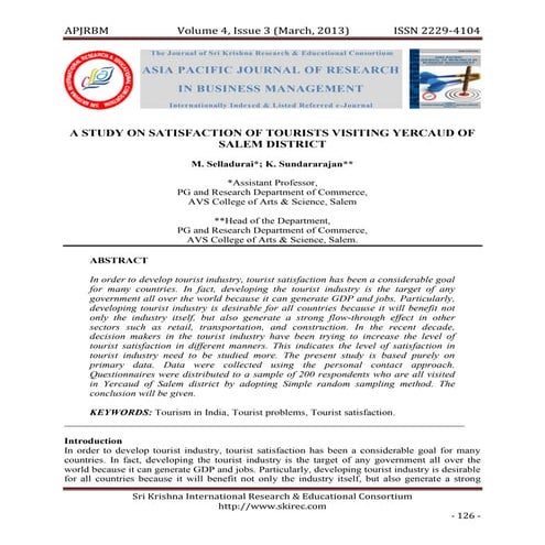A Study on Satisfaction of Tourists visiting Yercaud of Salem District