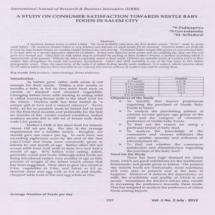 A Study on Consumer Satisfaction towards Nestle Baby Foods in Salem City