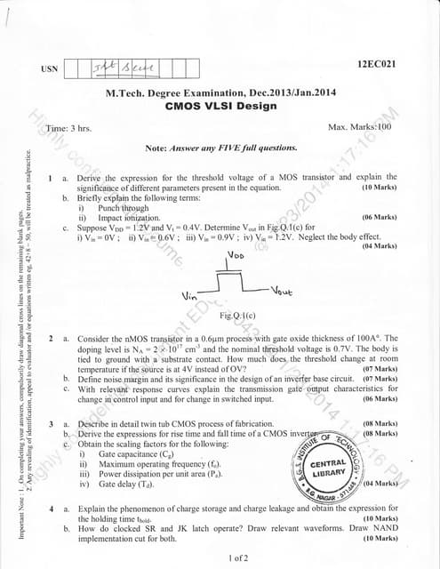 1st Semester M Tech CMOS VLSI Design (Dec-2013) Question Papers