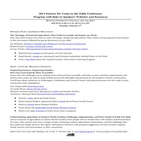 2013 Eastern NC Come to the Table Program with Speaker Resources