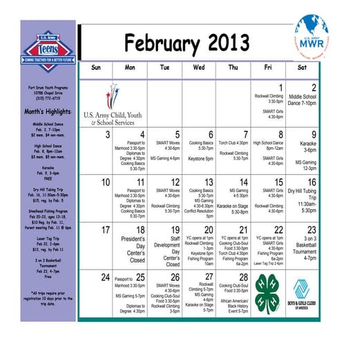 2013 FT Drum Youth Center February Calendar