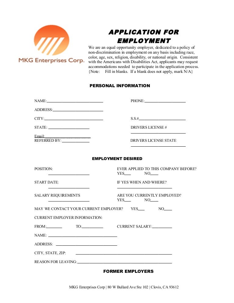 2014 Mkg Enterprises Corp Employment Application