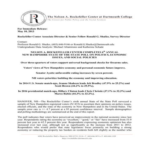 2013 Rockefeller Center NH State of the State Poll
