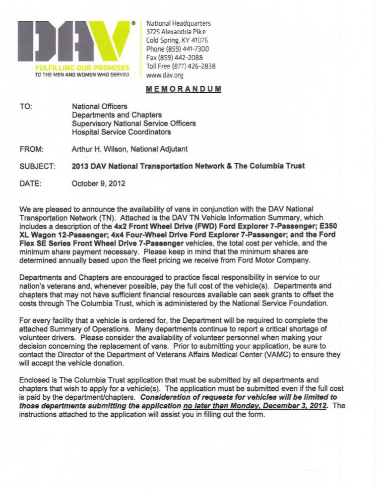 2013 DAV (Disabled American Veterans) Van Grant Application