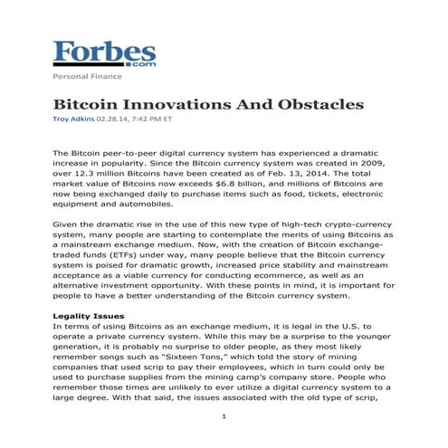 Bitcoin innovations and obstacles