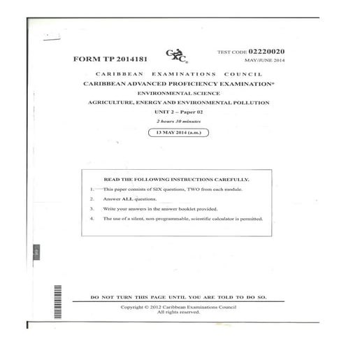 CAPE Environmental Science Unit 2 2014 Paper 2 | PDF
