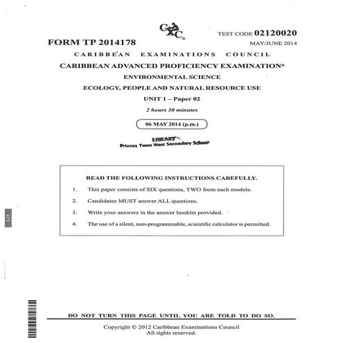 CAPE Environmental Science Unit 1 Paper 2 2014 | PDF