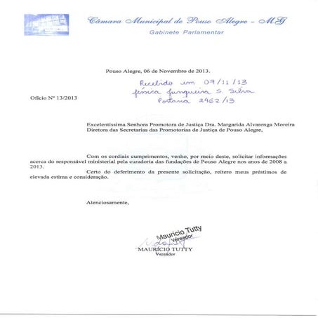 Ofícios encaminhados pelo vereador Maurício Tutty ao MP