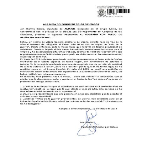 Pregunta de Jon Iñarritu al gobierno español sobre la situación de Sekou