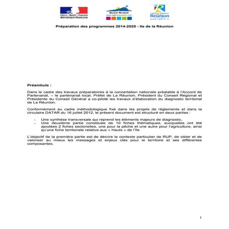 Synthèse du Diagnostic Territorial Stratégique - Préparation des programmes 2014-2020 - Ile de la Réunion