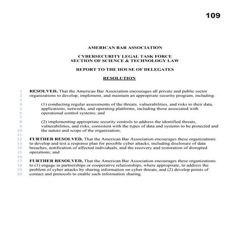 American Bar Association guidelines on Cyber Security standards