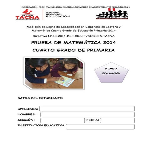 Examen 4to grado Matemática. 2014