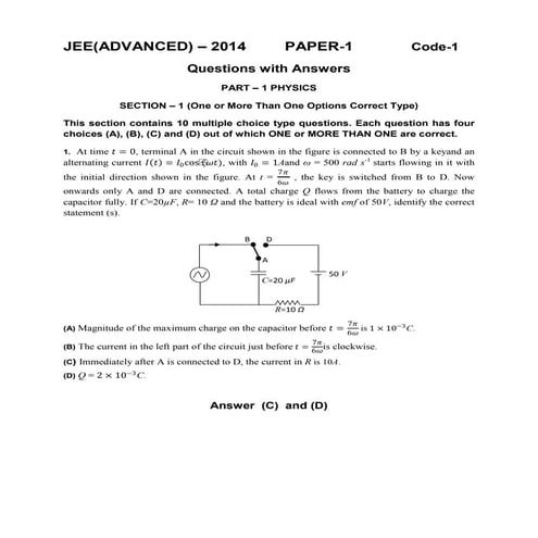 IIT-JEE Advanced 2014 Question Paper 1