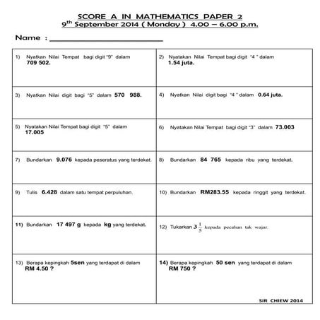 2014  score  a  in  mathematics  paper  2