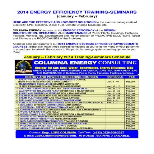 2014 ENERGY EFFICIENCY Training Schedule