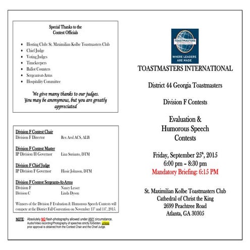 Agenda - Division F Fall Speech Contests - District 44 Georgia Toastmasters