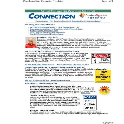 September 2015 ComplianceSigns Connection Workplace Safety Newsletter