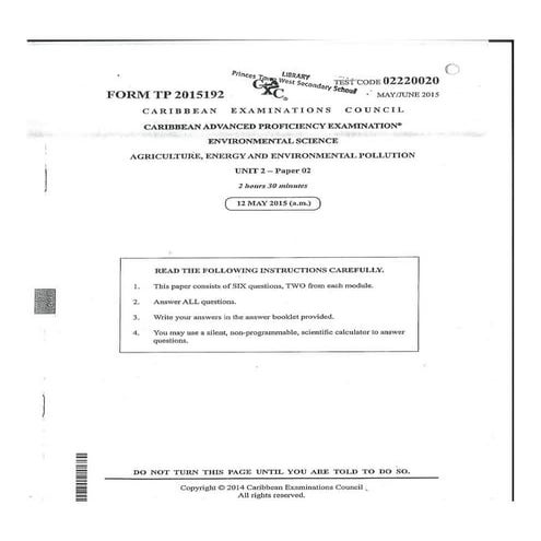 CAPE Environmental Science Unit 2 2015 Paper 2 | PDF
