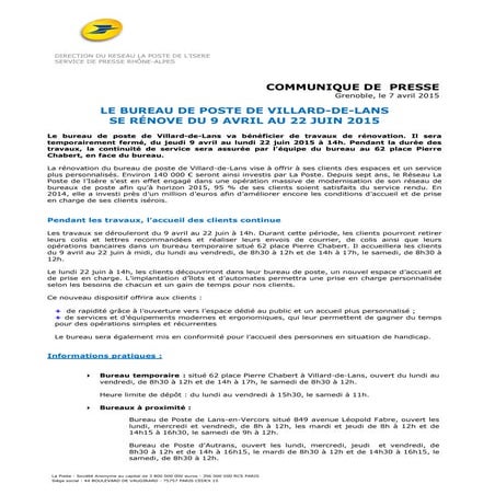 2015 04 07 cp la poste isere   travaux bp villard de lans
