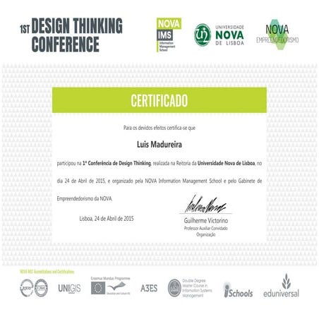 Certificate 1st Conference Design Thinking @ NOVA IMS | PDF