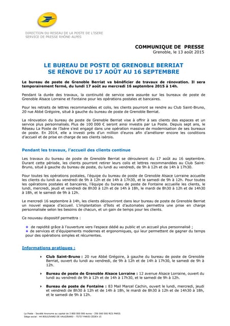 2015 08 13 Cp La Poste Isere Travaux Bp Grenoble Berriat
