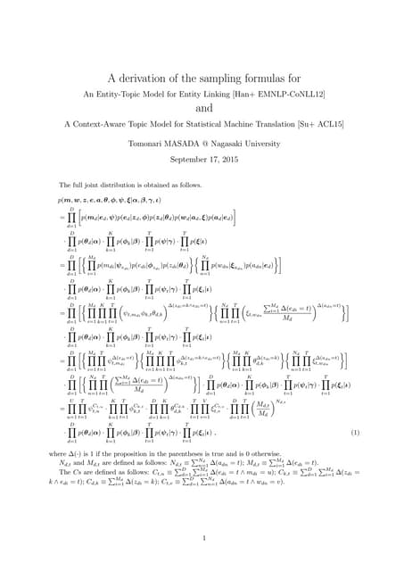 A derivation of the sampling formulas for An Entity-Topic Model for Entity Li...