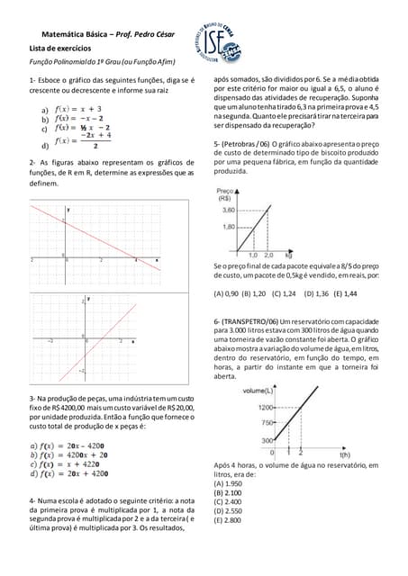Lista 01 exercícios de função do 1º grau | PDF