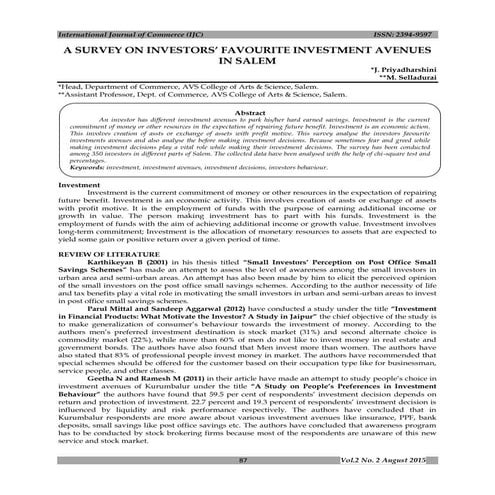 A Survey on Investors’ Favourite Investment Avenues