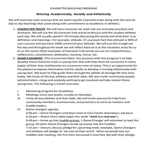 Character Building Program for Coaches and Their Teams
