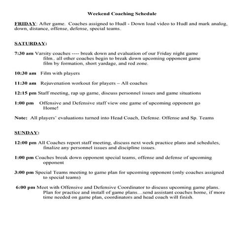 Football Coaches Weekend and Weekly Schedule