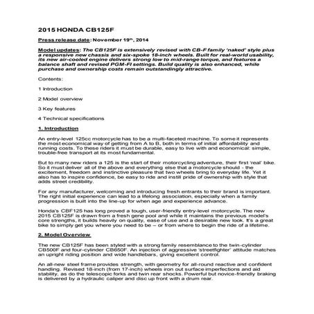 2015 Honda CB125F press release