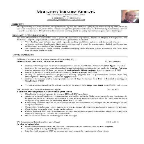 full cv Senior geophysicist ,international instructor, technical advisor