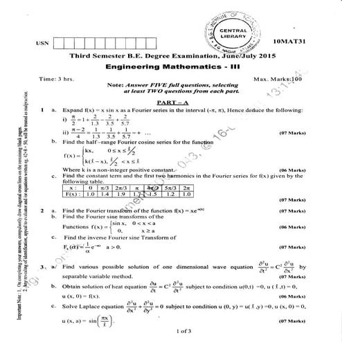 3rd Semester (June; July-2015) Civil Engineering Question Paper