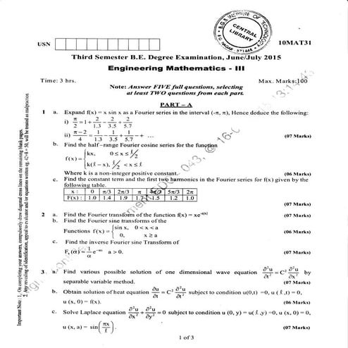 3rd Semester Electronic and Communication Engineering (June/July-2015) Questi...