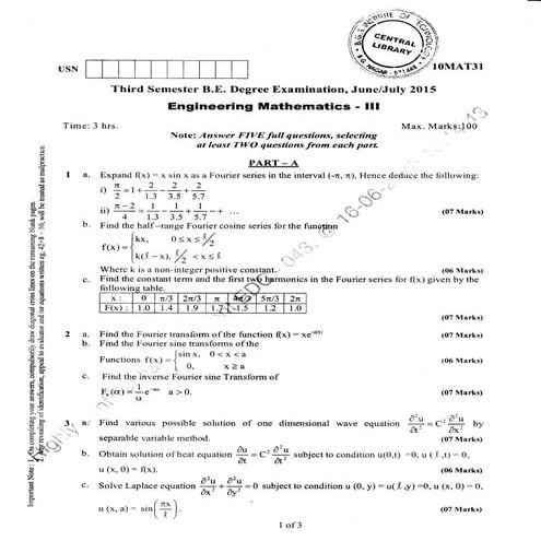 3rd Semester Mechanical Engineering  (June/July-2015) Question Papers