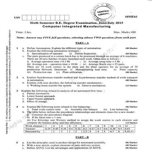6th Semester Mechanical Engineering  (June/July-2015) Question Papers