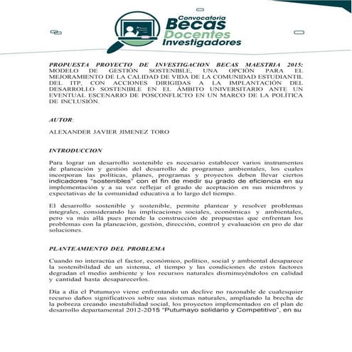 MODELO DE GESTIÓN SOSTENIBLE, UNA OPCIÓN PARA EL MEJORAMIENTO DE LA CALIDAD DE VIDA DE LA COMUNIDAD ESTUDIANTIL DEL ITP.