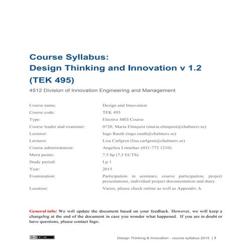 Design Thinking and Innovation Course Syllabus