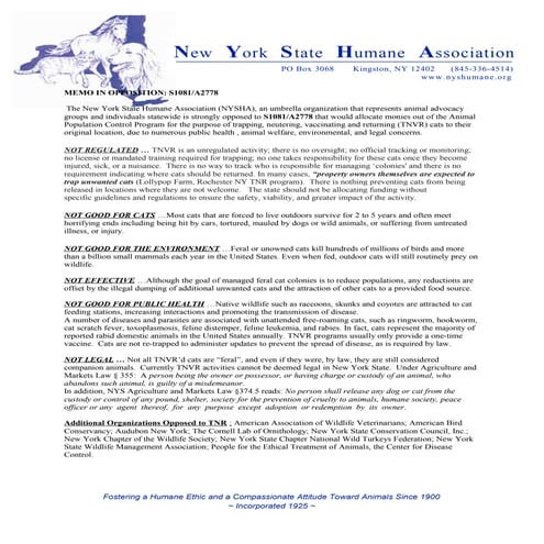 TNR Opposition Letter from the New York State Humane Association - 2015