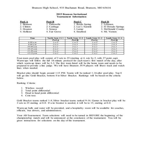 2015 Branson Tournament Schedule