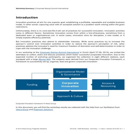 CSSI - Corporate Innovation Workshop - Summary