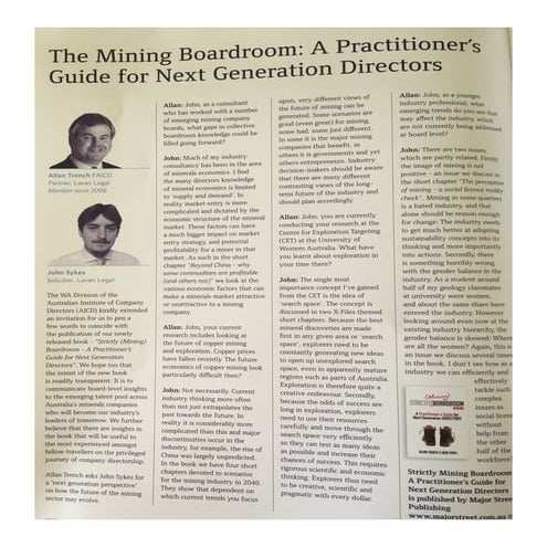 Strictly Boardroom book interview - Trench & Sykes - Aug 2016 - AICD WA Newsletter