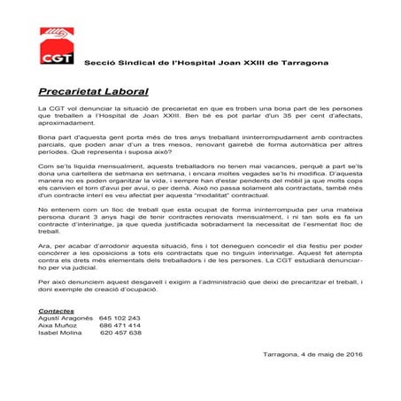 2016.05.04 SSCGTHJOANXXIII - COMUNICAT PREMSA - PRECARIETAT LABORAL